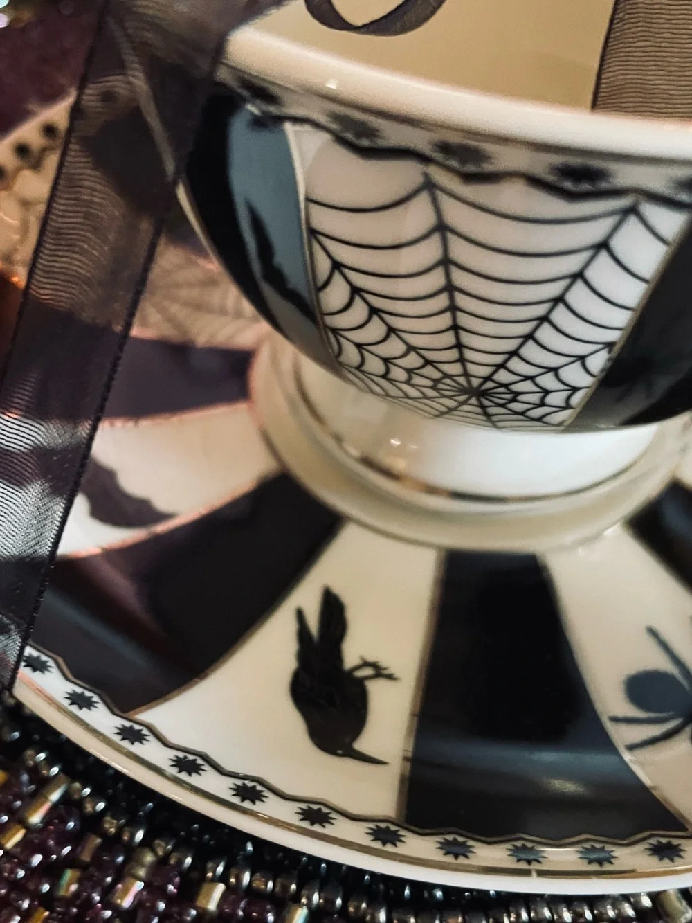 PARK CHATEAU NEW Gothic Spider Bats Halloween Porcelain Teacup and Saucer Set